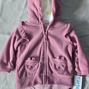 NWT Carter's 3 Pc Set. Pink Baby Hoodie with Bear Pockets Striped Onesie & Pants